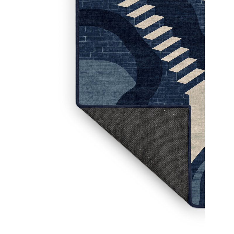 Soft Plush Rodolfo Varanasi Ghats Global Inspired Block Print Area Rug in Gray – Navy Binding, 5x7