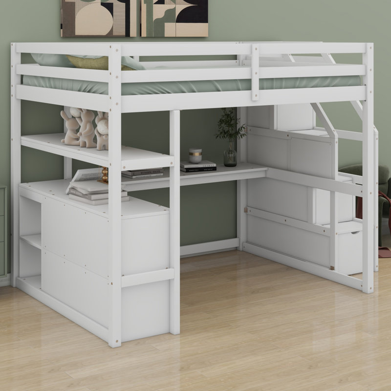 Lit mezzanine double avec bureau et tablettes, Blanc
