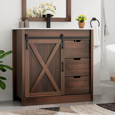 36" Bathroom Vanity With Sink, Faucet, Mirror, Sliding Barn Door, And Drawers