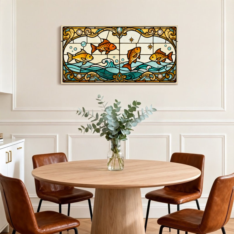 Motif de vitrail tendance, vagues de l'océan, H 20 po x l 40 po
