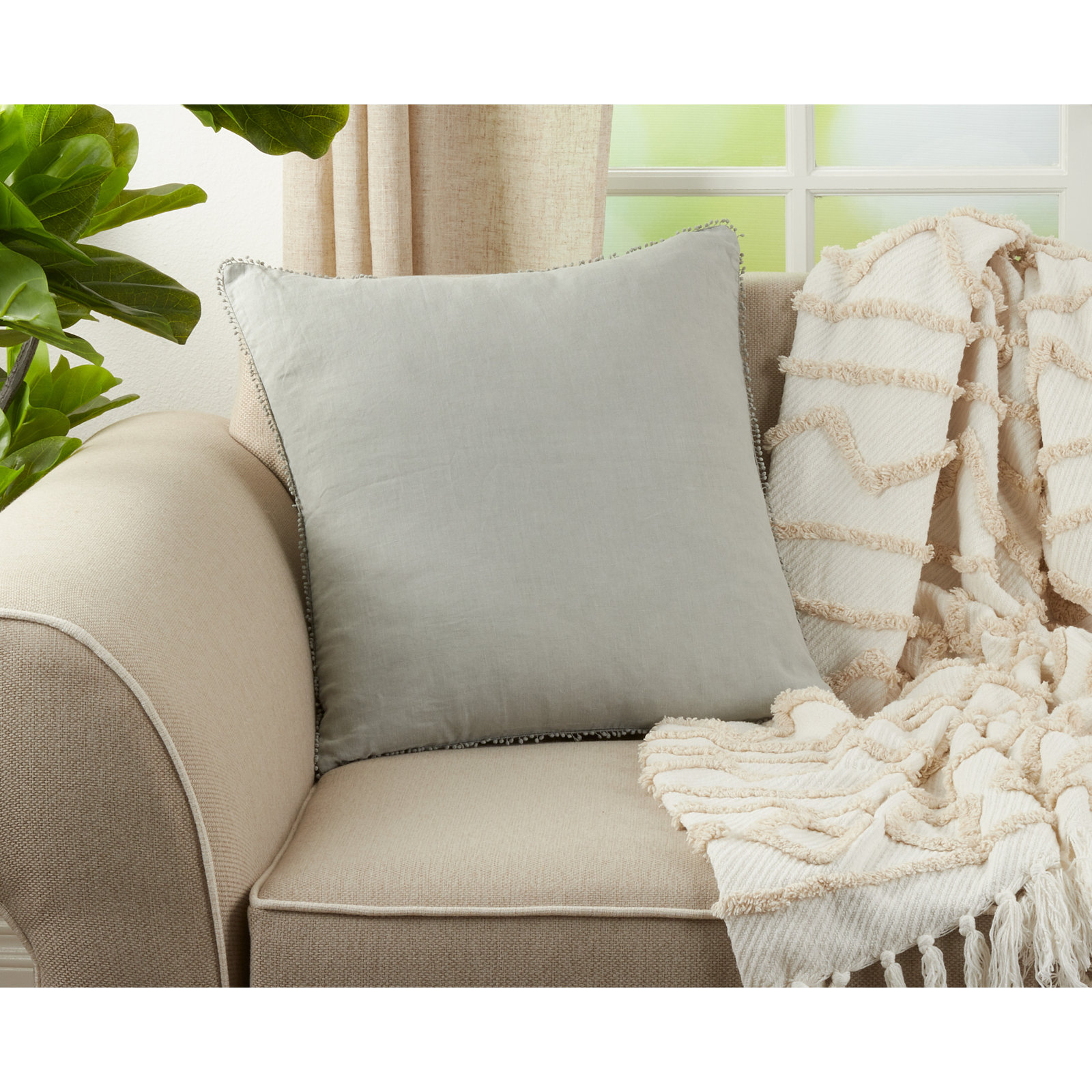 Garter Pom-poms Linen Throw Pillow, Blue-Gray