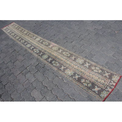 Tapis rétro en laine Oushak Vintage - Patchwork brun décoratif idéal pour les couloirs