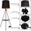 Lampe trépied moderne avec tablettes, lampe sur pied noire avec abat-jour en tissu et interrupteur au pied pour le salon, la chambre à coucher et l’appartement