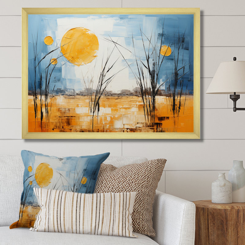 Jaune, bleu, prairies, or et ciel, sur toile, H 34 po x l 44 po x P 1,5 po, Encadrement doré