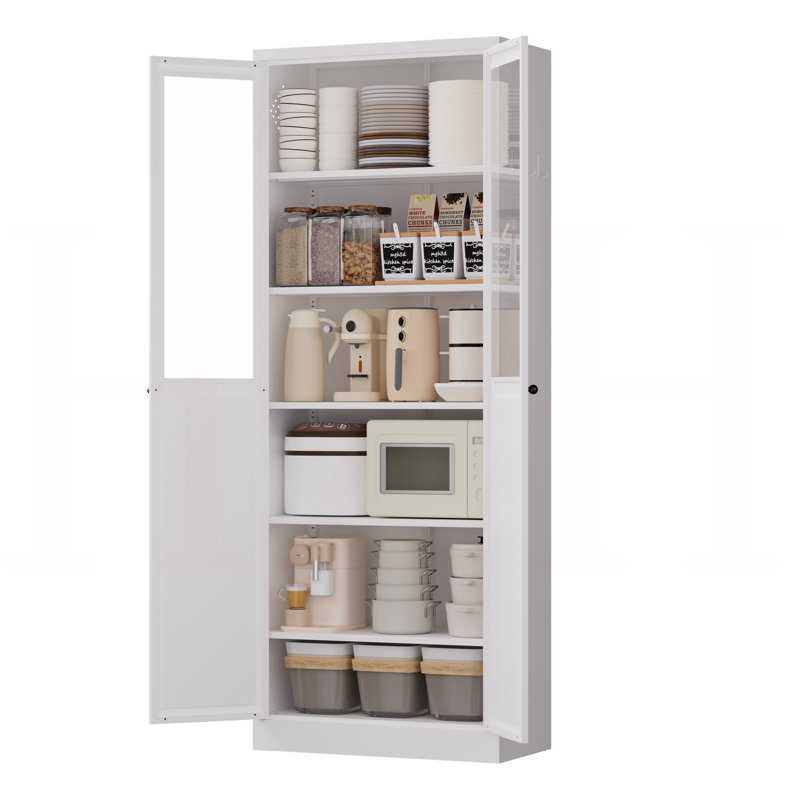 Armoire de cuisine 72 po en métal avec portes et tablettes - Grand organisateur de rangement réglable robuste, assemblage sans outil, armoire autoportante pour le salon et la salle de bain, blanc