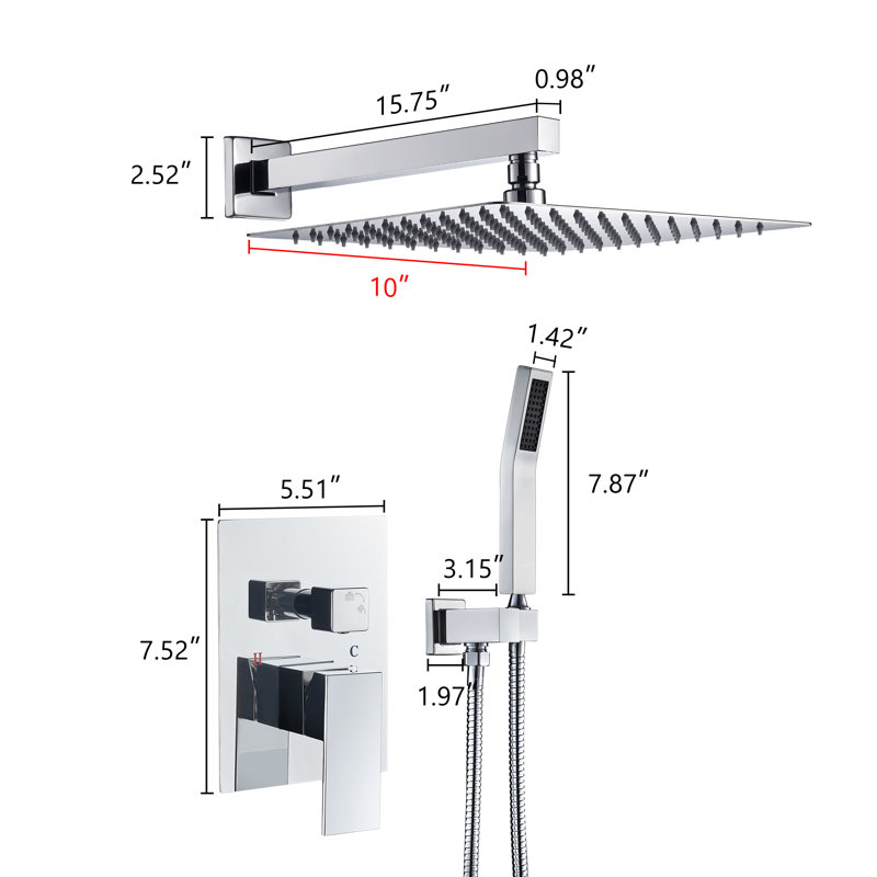 Système complet de douche à haute pression de 10 po avec valve brute, Chrome