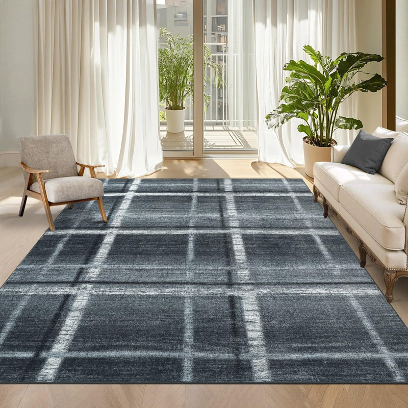 10x13FT Area Rugs Modern Plaid Print Checkered Rugs, Stain-Resistant Geometric Dining Room Rug, Washable Neutral Accent Carpet, Easy to Clean Rug for Farmhouse Bedroom, Living Room, Black Grey