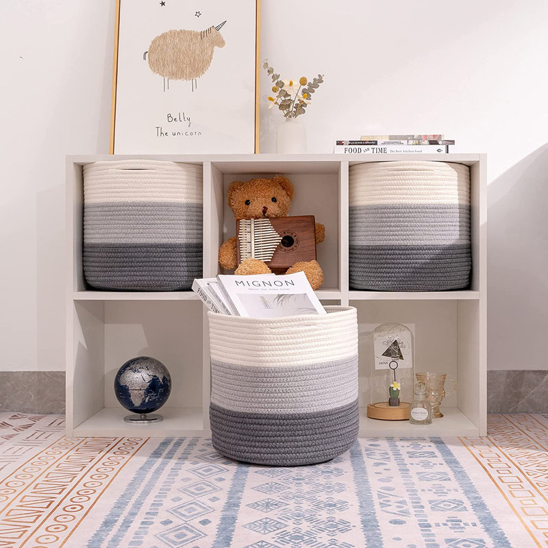 Ensemble de panier de rangement en coton, Gris / blanc