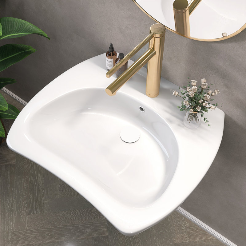 Lavabo de salle de bain mural en céramique 24 po x P 21 po avec lavabo mural encastré blanc avec trop-plein intégré et trou de robinet pré-percé