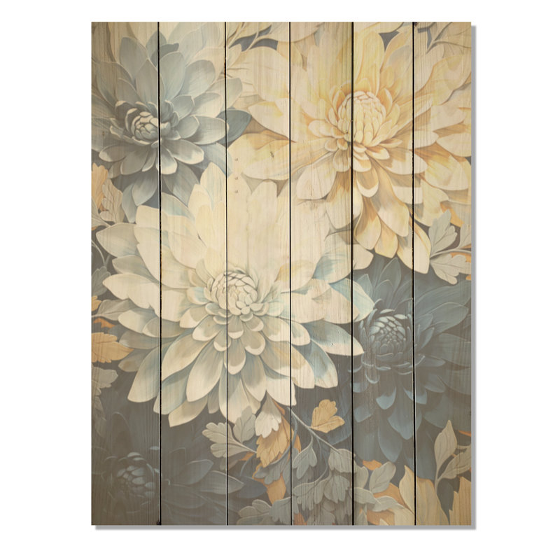 «Mums White and Blue Elegance» - Art sur bois de pin naturel, H 32 po x l 24 po