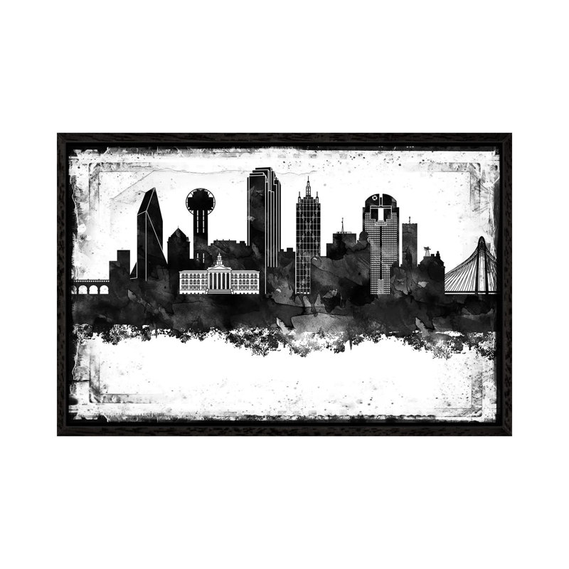Dallas Black and White Framed Skylines 1 Piece Wall Art on Canvas, 101.6cm H x 152.4cm W x 3.81cm D, Black Framed