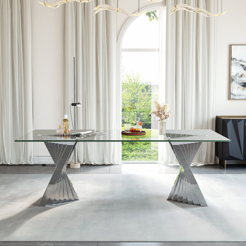Morlee 94.49" Glass Top Metal Base Dining Table, Silver