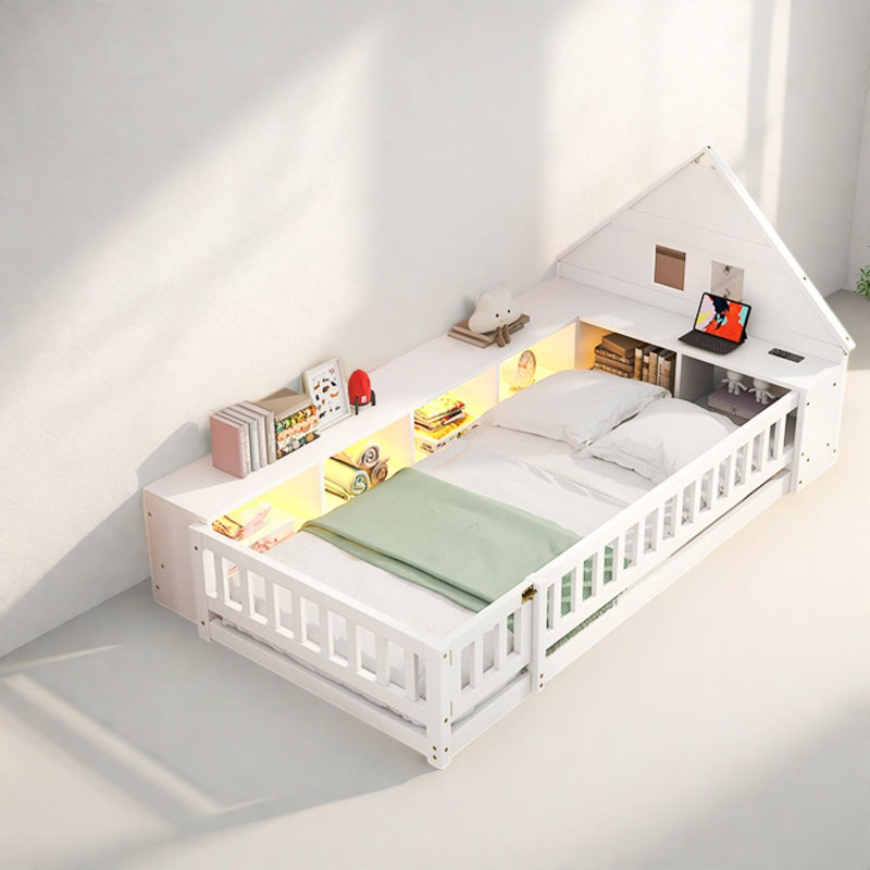 Lits jumeaux en forme de maison avec rangement, en MDF de bois massif, chambre d'enfant moderne, White