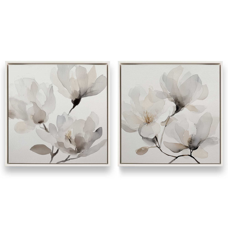 Ensemble de 2 impressions murales Whispered Magnolia, 16 po x 16 po, Cadre flottant blanc opaque