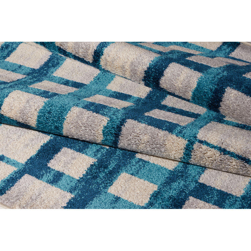 Tapis géométrique gris / bleu Pinheiro, Rectangle 5 pi 2 po x 7 pi 5 po