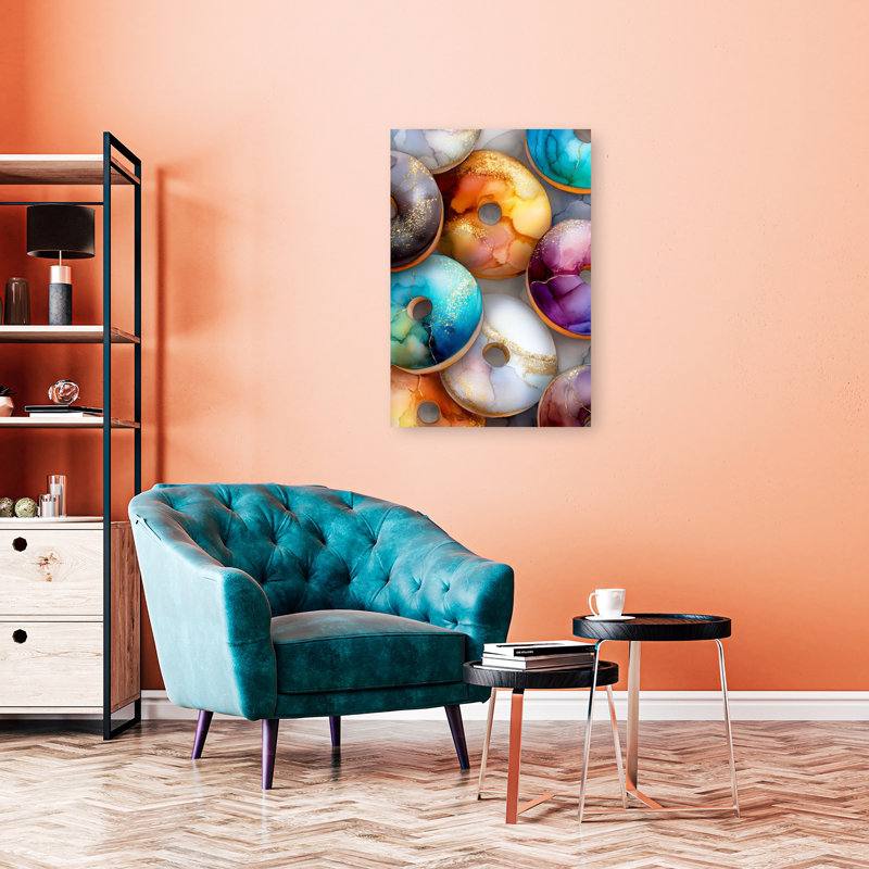 «Vibrant Golden Donuts», art mural contemporain abstrait coloré, H 36 po x l 24 po