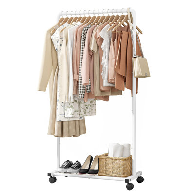 Metal Clothing Rack with Storage Mesh Shelf and Casters