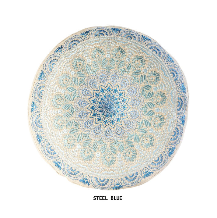 Coussin brodé rond en coton, H 18 po x l 18 po, Motif floral bleu