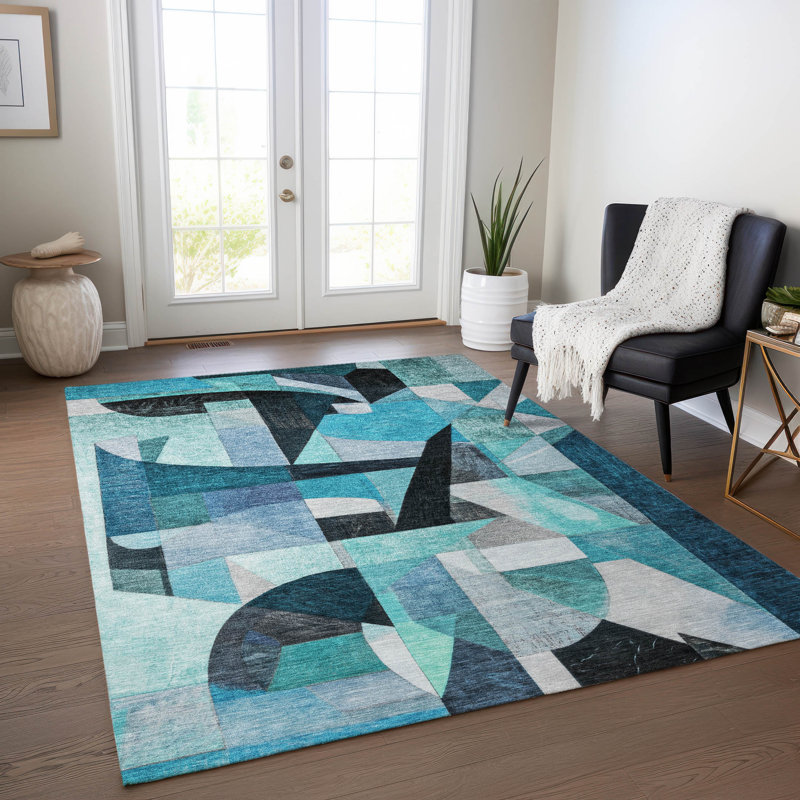 Tapis bleu sarcelle lavable à la machine intérieur / extérieur Xhevrie, Rectangle 5 pi x 7 pi 6 po