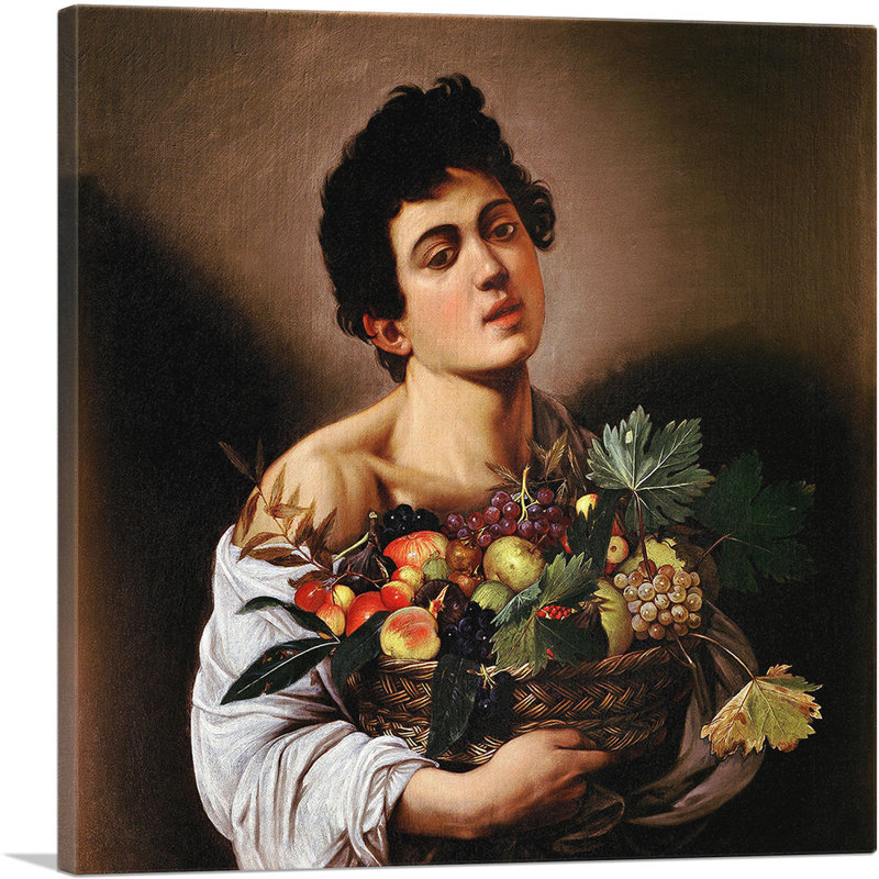 Garçon avec un panier de fruits - 1593, H 18 po x l 18 po x P 1,5 po