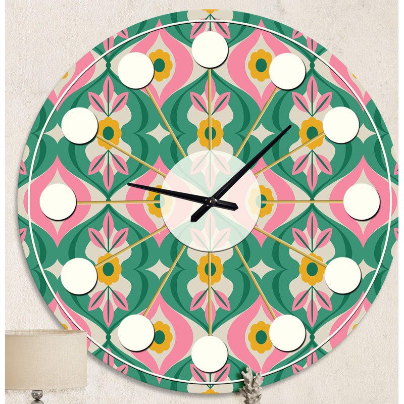 retro pattern with flowers and leaves - Mid-Century Modern wall clock, Medium