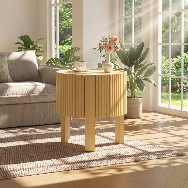 Table de bout ronde avec rangement en bois d'hévéa massif l 19,6 po x P 19,6 po x H 21,3 po