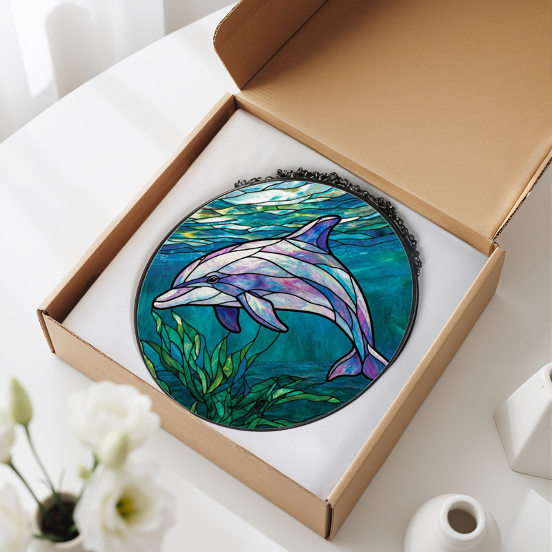 Panneau de vitrail en verre coloré 7,8 "H Dolphin Ocean, H 7,8 po x l 7,8 po