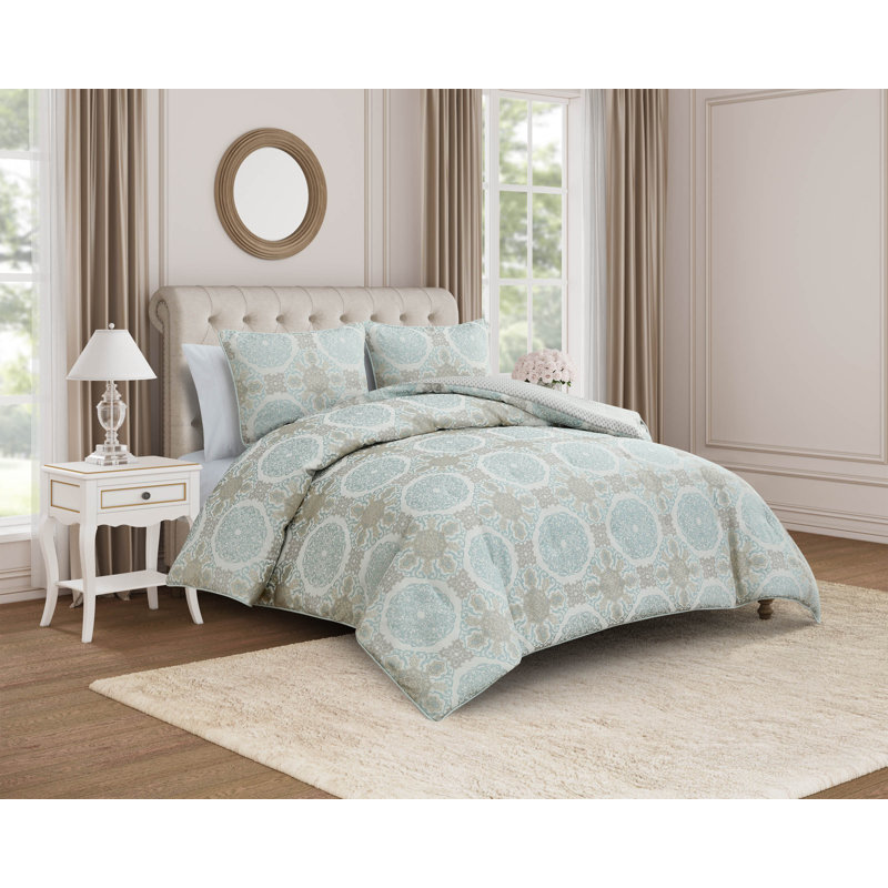 Waterford Jonet Blue and Gold 3-Piece Damask Comforter Set with Matching Shams, King Comforter + 2 King Shams