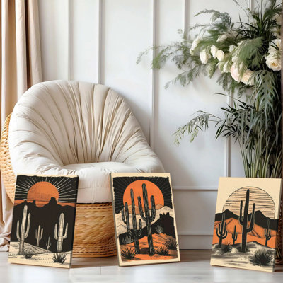 Ensemble de 3 affiches encadrées, motif cactus du désert du Sud-Ouest, impressions sur toile de style bohème vintage avec coucher de soleil et montagnes, décor moderne pour salon, chambre ou bureau, style rustique western.