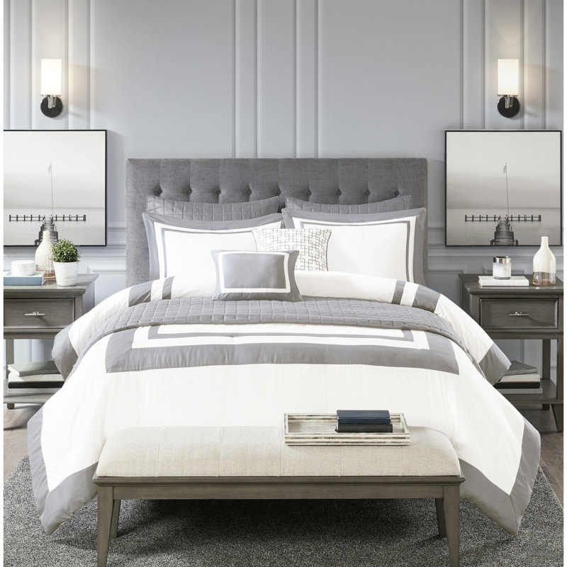 Collection de literie pour lit double / grand lit gris - édredon et taies décoratives en microfibre douce lavable à la machine