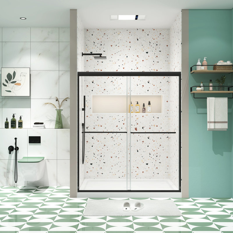 Porte de douche coulissante Bypass, 50 à 54 po x 70 po, verre trempé de 1/4 po, noir mat, poignée, Nano Clean, fuite, mouvement fluide, finition noir mat simple à installer, coulissante, fonction de fuite facile, rapide