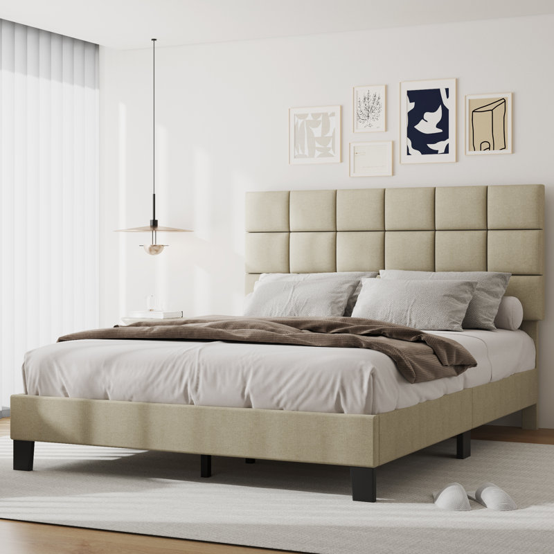 Samule Upholstered Platform Bed Frame with Headboard, Full / Double, Beige