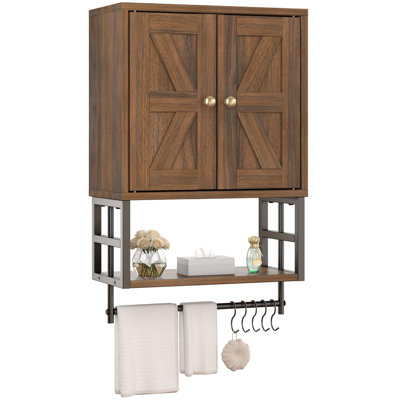 Farmhouse Wall‑Mounted Bathroom Cabinet, Over‑Toilet Medicine Cabinet with Towel Bar & Hooks