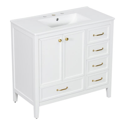 Meuble-lavabo 36 po avec lavabo, armoire de salle de bain avec porte à fermeture en douceur, 4 tiroirs de différentes tailles, structure et pied en bois massif, deux ensembles