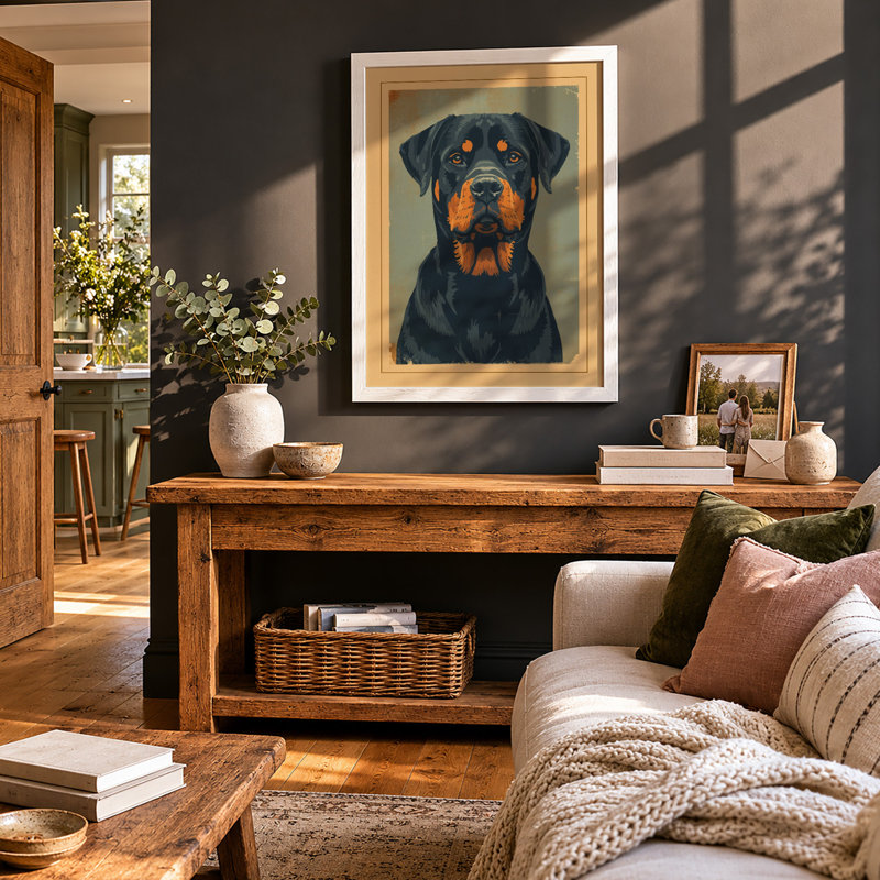 Rottweiler Portrait Rustic - Framed Print, A2 - 59.4 x 42.0 cm, White