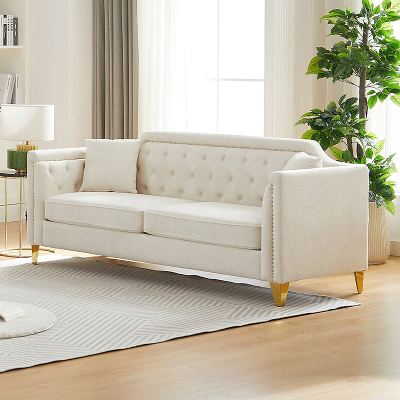 " mid-century modern chenille sofa | tufted buttons & copper nail armrest | 2 pillows | metal legs | stylish living room couch
