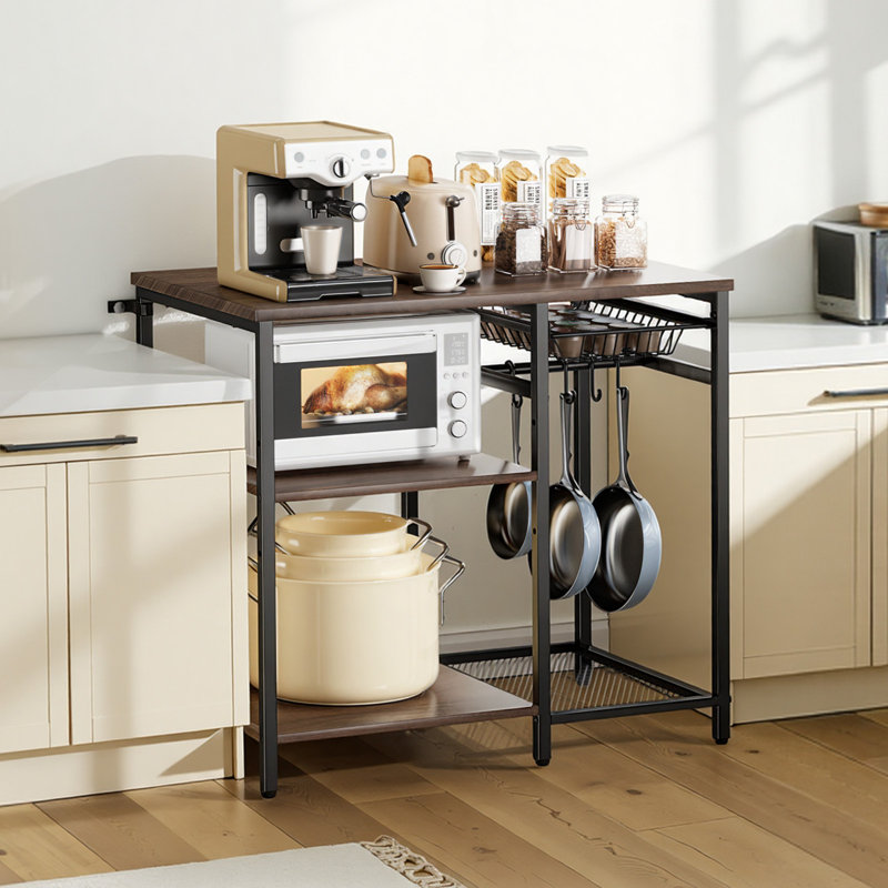 Kitchen Bakers Rack, 35.4 inch Width Bakers Rack, Kitchen Stand with X-Shaped Support Bar, 5 S-Shaped Hooks, Multi-Layer Storage Shelf, Coffee Bar Stand for Dishes & Bowls, Spice Bottles