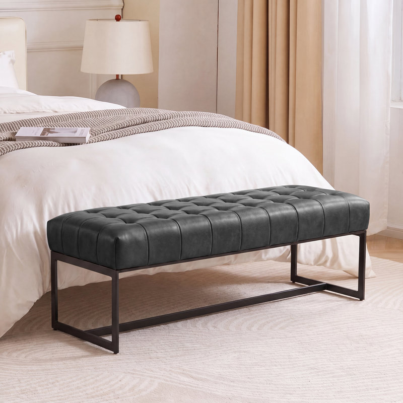 130cm Wide Genuine Leather Bench Tufted Iron Frame , Black
