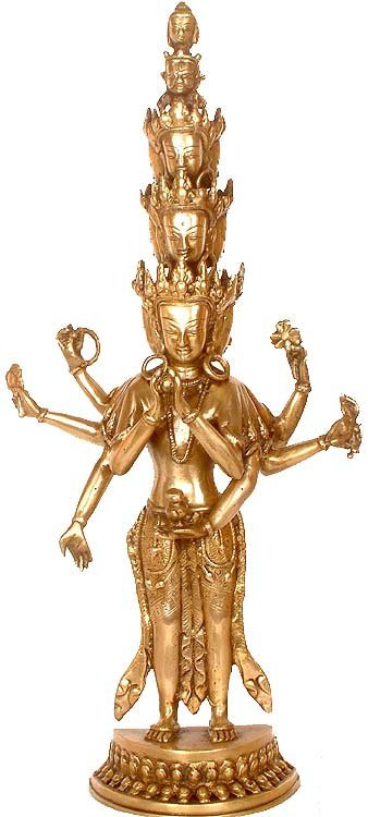 Avalokiteshvara à onze têtes et mille bras en laiton, Or