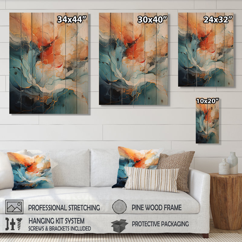 «Teal Orange Bold Abstract Flow Collage II» sur bois, H 20 po x l 10 po x P 0,78 po