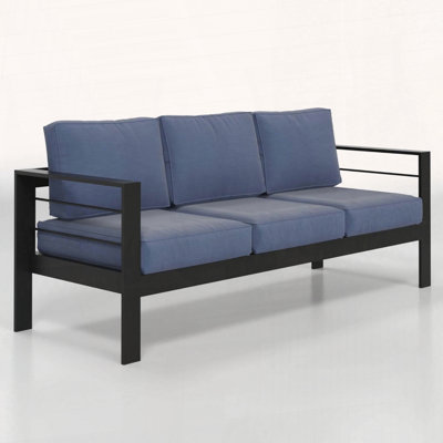 73 All-Weather Aluminum 3-Seat Patio Sofa with Blue Cushions