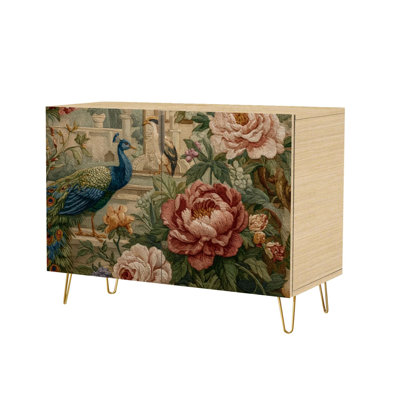 Sideboard Buffet Cabinet with Storage Hand Painted Botanical Scene Wildflowers Birds with 2 Doors for Living Room and Kitchen