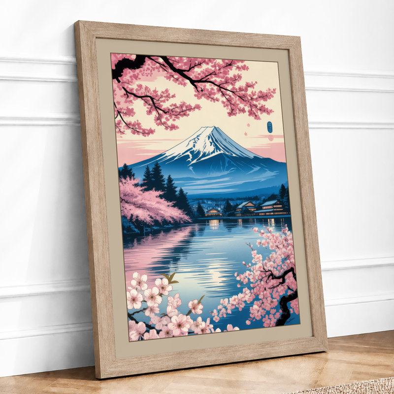 Mount Fuji in Cherry Blossom Japandi - Framed Print, Oak, A3 - 42.0 x 29.7 cm