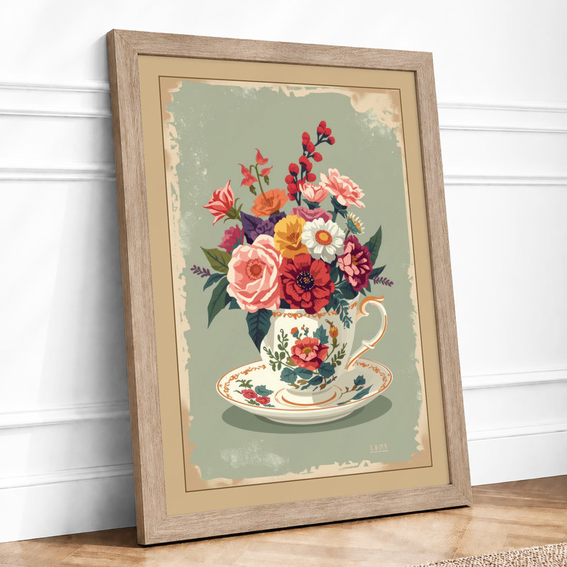 Flowers in Teacup Botanical - Framed Print, A4 - 29.7 x 21.0 cm, Oak