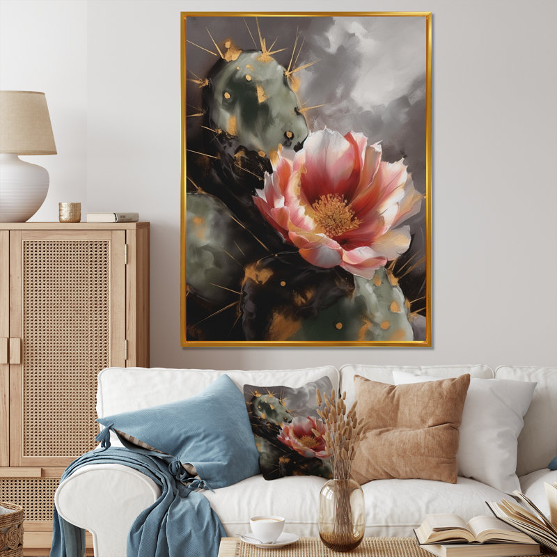 Impression sur toile de cactus orange et vert I - Floral, H 20 po x l 12 po, Cadre flottant doré