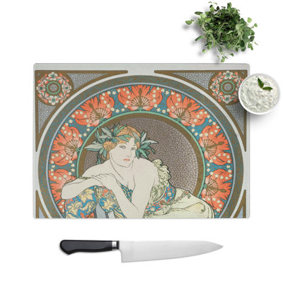 Woman with Poppies by Alphonse Mucha Chopping Board