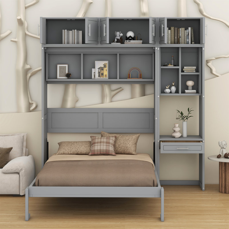 Lit escamotable mural avec bureau, armoire supérieure et tablettes de rangement, lit pliable peu encombrant, Grand, Gris