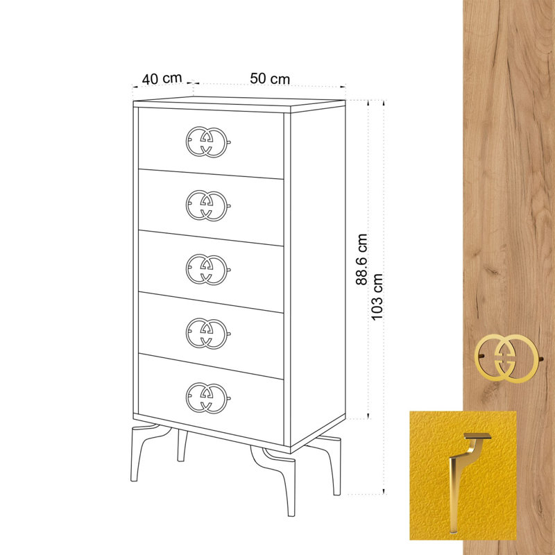 Modern Oak & Yellow Dresser with 5 Drawers, 19.7 x 40.6 x 15.7 inches | 100% Melamine Coated Particle Board, Metal Legs & Handles | Wall-Mountable, Stylish Storage Solution for Home & Office Spaces