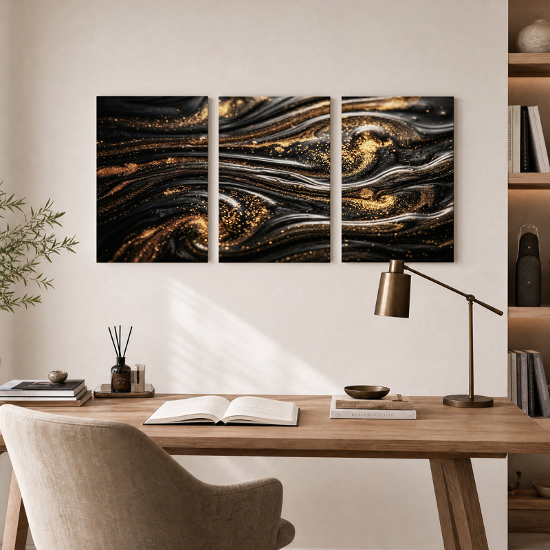 Ensemble de 3 toiles abstraites texturées tourbillonnantes dorées et noires, 18"H x 12"W x 3pcs