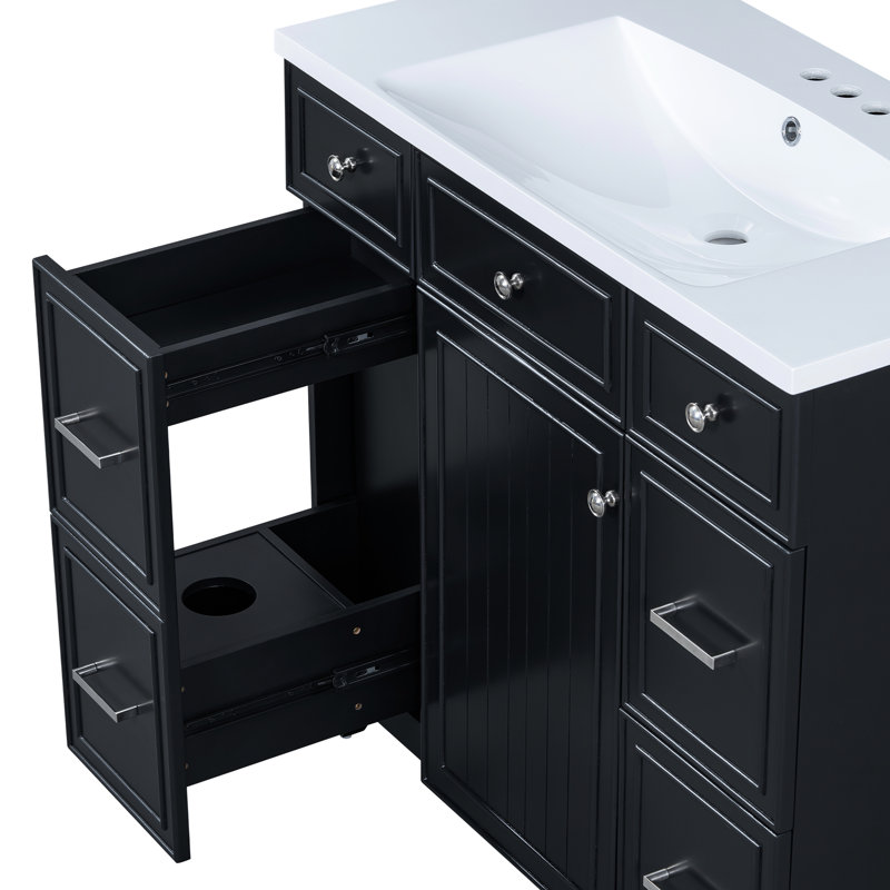 Meuble-lavabo noir de 36 po en bois massif avec rangement polyvalent, porte attrayante et rangement spacieux